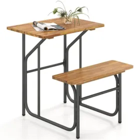 Unique One-Side Acacia Wood Patio Table & Bench Set, Combineable For Picnic & Leisure