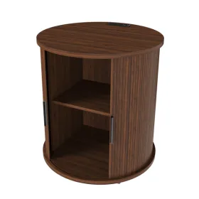 Set Of 2 Mid Century Modern Cylinder End Tables With Built-in Charging Station & Sliding Door, 2-Tier Storage Round Nightstands With USB Ports, Walnut