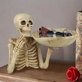 Skull Tray Ornament With Bowl â€“ Unique Skeleton Design For Indoor & Outdoor Decor, Perfect For Halloween, Day Of The Dead, Or Gothic Themed Rooms, C