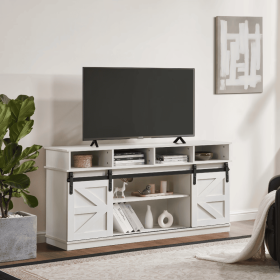 TV Stand Sliding Barn Door Modern Farmhouse Wood Entertainment Center, Storage Cabinet Table Living Room With Adjustable Shelves For TVs Up To 65,Whit