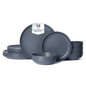 12-Piece Stoneware Dinner Plates Bowls Sets  Microwave & Dishwasher Safe   Non-Toxic Dinner Plates Bowls Set  Stackable Matte Glaze Kitchenware For 4