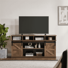 TV Stand Sliding Barn Door Modern&Farmhouse Wood Entertainment Center, Storage Cabinet Table Living Room With Adjustable Shelves For TVs Up To 65,Natu