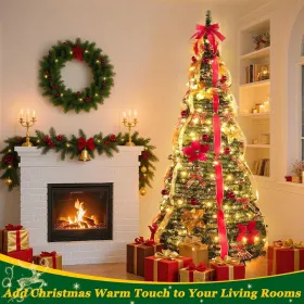 6 Ft Pre-Decorated Pop Up Full Christmas Tree Prelit 200 Warm White LED Lights 8 Modes Timer UL Plug In, 1 Minute Pull Up Collapsible Christmas Tree W
