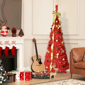 6FT Red Pop-Up Christmas Tree With 150 Warm White LED Lights, Ornaments Included â€“ 4 Ribbons, Bow, Flowers, Snowflakes, Pine Cones & Balls â€“ Easy