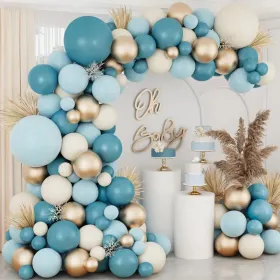138Pcs Dusty Blue Balloons Arch Garland Kit, Dusty Baby Blue Sand White Metallic Gold Balloons For Bridal Shower Gender Reveal Birthday Baby Shower De