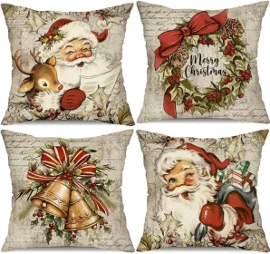 DFXSZ Christmas Pillow Covers 18x18 Inch Set Of 4 Santa Claus Reindeer Decorative Vintage Throw Pillow Covers Winter Retro Farmhouse Decoration For Ho
