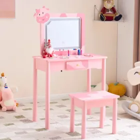 Pink MDF + Solid Wood Legs, Spray Paint + Silkscreen Printing, Cow Pattern, 1-drawer Children's Dressing Table Set, LED Three-color Backlit Touch Swit