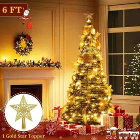 6Ft Pop Up Full Christmas Tree Prelit Dual Color Change And Pre-Decorated 80 Ornaments 1 Minute Christmas Tree 200 Warm White&Colored Lights Timer 8 M