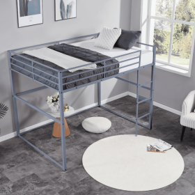 Metal Loft Bed Twin Size, Loft Bed Frame With Safety Guard Rails & Flat Ladder, Twin Loft Bed For Kids Teens Adults, Gray