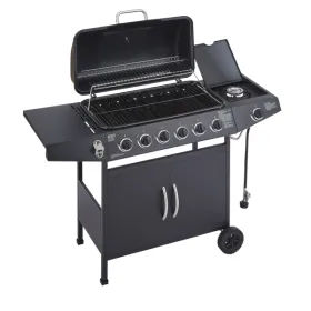 6 Burner BBQ Propane Gas Grill With Side Burner 59000 BTU Output Stainless Steel Barbecue Grill With Enamel-Coated Grates And Side Tables For Outdoor