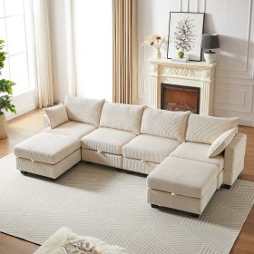 113.5 Modular Sectiona Corduroy Sofa, Sectional Couches For Living Room U Shaped Sectional Couch With Storage Ottoman, 6 Seats Convertible Sectionals
