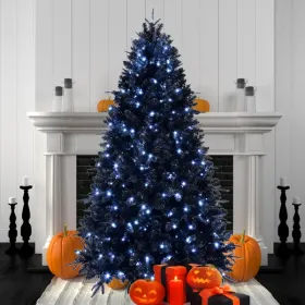 5ft Black Christmas Tree With 250 White LED Lights, 1076 Tips PE+PVC Artificial Tree For Halloween & Holiday Decor, Hinged Structure With Stable Metal