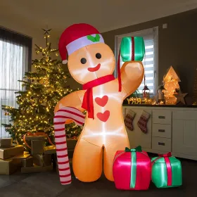 8FT Inflatable Gingerbread Man With Candy Cane And Three Gift Boxes,LED Lighted Christmas Decoration Indoor And Outdoor.