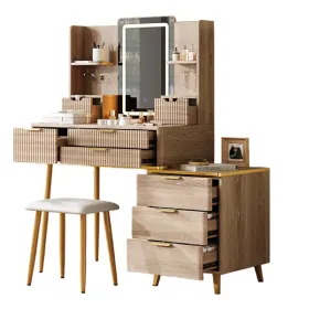 7-Drawer Vanity Desk With LED Mirror & Carved Details, Fluted Makeup Table With Metal Legs And PU Stool, Carved Dressing Table With Jewelry Storage Fo