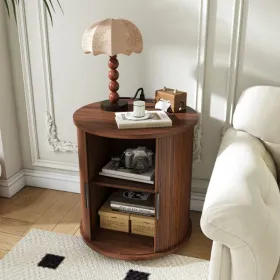 Mid Century Modern Cylinder End Table With Built-in Charging Station & Sliding Door, 2-Tier Storage Round Nightstand With USB Ports, Walnut Bedside Ta