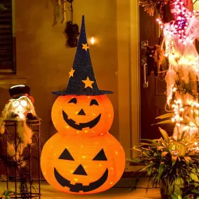 3FT Halloween Collapsible Pumpkin Decorations, Pre-Lit Light Up 50 LED Pumpkin With Star Hat 8 Lighted Mode, Pop Up Jack-o-Lantern With Metal Stand Fo