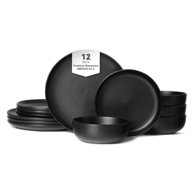 12-Piece Stoneware Dinner Plates Bowls Sets  Microwave & Dishwasher Safe   Non-Toxic Dinner Plates Bowls Set   Stackable Matte Glaze Kitchenware For 4
