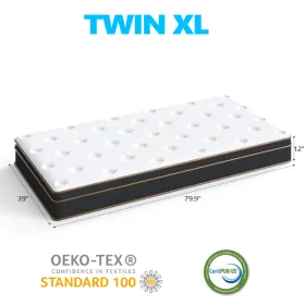12 Inch Twin XL Mattress, Innerspring Mattress With Black Gold Trim & White Cover - Medium Firm Support, Cooling Technology For College Dorm, Guest Ro