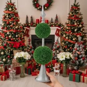 Two-Tier Artificial Plant D7x26.5" Natural Boxwood Sphere Topiary On Metal Spire Circle Ball Home Office Desk Decor FBA Shipment