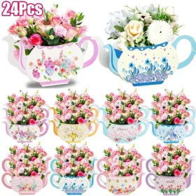 24Pcs Tea Party Table Centerpieces 4 Styles Teapot Shape Flower Box Double-Sided Pattern Paper Teapot Gift Box Spring Theme Princess Party Favor Table