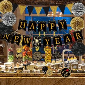 15Pcs Happy New Year Party Decoration Set Black Banner With Golden Black Paper Bunting Flag 6Pcs Hanging Swirl Streamers And Tissue Pom Poms For New Y