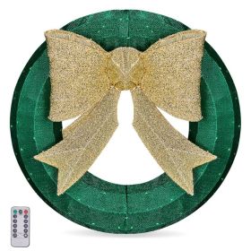 24in Pre-lit Outdoor Christmas Wreath Decoration, Lighted Metal Wreath With Golden Bow, Green And Warm White LED Lights, For Front Door Gate Wall Indo