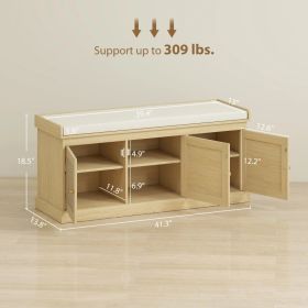 Shoe Storage Bench With Woven Rattan Doors, Shoe Bench With Cushion, Adjustable Shelves, Entryway Bench, Oak Tone