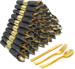 50 Pack Pre Rolled Rose Gold Plastic Silverware Set,Wrapped Plastic Cutlery Set With Napkin Include 50 Forks,50 Spoons,50 Knives And 50 Black Napkins (Option: 60packblackgold)