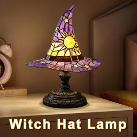 Witch Hat Lamps, Handcrafted Stained Glass Resin Wizard Hat Light Gothic Table Lamp For Halloween Decor, Spooky Night Light For Bedroom And Indoor Par (Option: Purple)