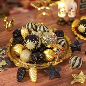 128pcs Christmas Balls Ornaments Set, Shatterproof Plastic Baubles Christmas Flowers, Ribbon Tree Topper For Xmas Tree Holiday Wedding Party Decoratio (Option: BlackGold)