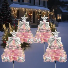 4 Pack Christmas Tree Solar Pathway Lights Outdoor Decorations, Waterproof Artificial Mini Xmas Tree Stake Lights With DIY Ornamets For Garden Yard Po (Option: PinkTree)
