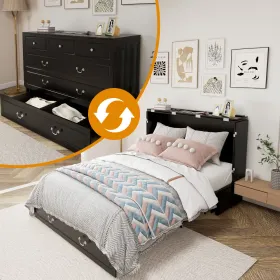 Queen Size Murphy Bed Frame With Drawers Murphy Chest Bed With Charging Station, 2 USB Ports Mobile Murphy Bed Sleeping Arrangement For Multipurpose A (Option: MFC2)