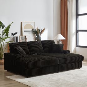 84Inch Corduroy 3-seater Sofa With 3 Back Pillows ,2 Toss Pillows , 2 Ottoman ,2storage Spaces And Cup-holding Grooves Comfy Sofa- Deep Seat Couch For (Option: Black)