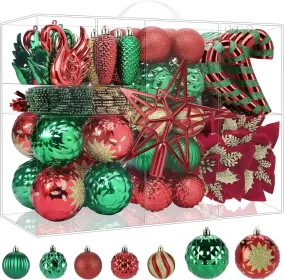 128pcs Christmas Balls Ornaments Set, Shatterproof Plastic Baubles Christmas Flowers, Ribbon Tree Topper For Xmas Tree Holiday Wedding Party Decoratio (Option: RedGreenGold)