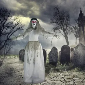 Haunted Hill Farm Zombie Bride With Pop-Up Head And Light-Up Eyes, Halloween Animatronic For Battery Operated Scary Indoor Or Covered Outdoor Hallowee (Option: 64StandingBride)