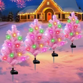 Solar Christmas Tree Outdoor Decor, Waterproof Solar Xmas Decorations Garden Stake Lights, Multi-Color LED Christmas DÃ©cor For Outside Landscape Path (Option: 4pcsChristmastreesPink)