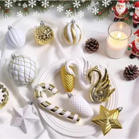 128pcs Christmas Balls Ornaments Set, Shatterproof Plastic Baubles Christmas Flowers, Ribbon Tree Topper For Xmas Tree Holiday Wedding Party Decoratio (Option: GoldWhite)