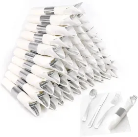 50 Pack Pre Rolled Rose Gold Plastic Silverware Set,Wrapped Plastic Cutlery Set With Napkin Include 50 Forks,50 Spoons,50 Knives And 50 Black Napkins (Option: 60packWhiteSilver)
