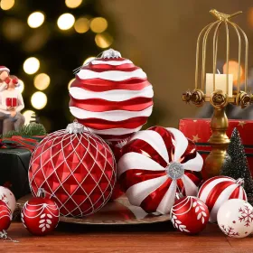 6''/150mm Large Christmas Ball Ornaments, 4Pcs Christmas Tree Decor, Shatterproof Hanging Decorations With Hooks, White & Silver Baubles For Xmas Tree (Option: RedWhite)