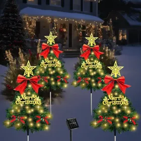 4 Pack Christmas Tree Solar Pathway Lights Outdoor Decorations, Waterproof Artificial Mini Xmas Tree Stake Lights With DIY Ornamets For Garden Yard Po (Option: GreenTree)