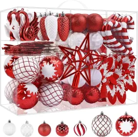 128pcs Christmas Balls Ornaments Set, Shatterproof Plastic Baubles Christmas Flowers, Ribbon Tree Topper For Xmas Tree Holiday Wedding Party Decoratio (Option: RedWhite)