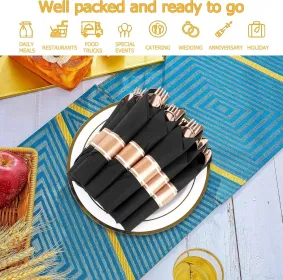 50 Pack Pre Rolled Rose Gold Plastic Silverware Set,Wrapped Plastic Cutlery Set With Napkin Include 50 Forks,50 Spoons,50 Knives And 50 Black Napkins (Option: 100packblackgold)