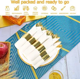 50 Pack Pre Rolled Rose Gold Plastic Silverware Set,Wrapped Plastic Cutlery Set With Napkin Include 50 Forks,50 Spoons,50 Knives And 50 Black Napkins (Option: 75packwhitegold)