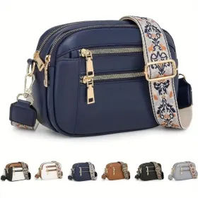 Handmade Women's Multi-Compartment Crossbody Bag & Wallet With Adjustable Strap, Golden-Tone Hardware, Zipper Closure - Premium Second-Layer Leather, (Option: Blue)