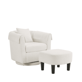 Swivel Accent Chair With Ottoman Set, Modern Chenille Barrel Armchair With Removable Back Pillow & 2 Armrest Covers For Living Room, Bedroom, Office, (Option: White)