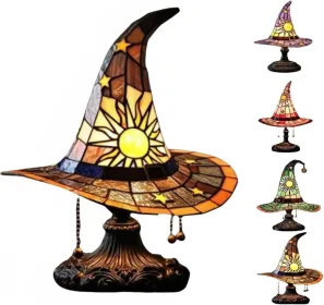 Witch Hat Lamps, Handcrafted Stained Glass Resin Wizard Hat Light Gothic Table Lamp For Halloween Decor, Spooky Night Light For Bedroom And Indoor Par (Option: Yellow)