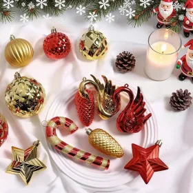 128pcs Christmas Balls Ornaments Set, Shatterproof Plastic Baubles Christmas Flowers, Ribbon Tree Topper For Xmas Tree Holiday Wedding Party Decoratio (Option: RedGold)