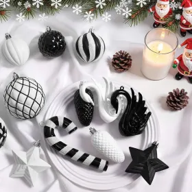 128pcs Christmas Balls Ornaments Set, Shatterproof Plastic Baubles Christmas Flowers, Ribbon Tree Topper For Xmas Tree Holiday Wedding Party Decoratio (Option: BlackWhite)