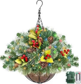 1pcs 20 Inch Christmas Hanging Basket Decorations With 30LED Warm White&Multicolored Light, Remote Control, 8 Mode, Timer, Lifelike Scots Pine Bristle (Option: Color4)