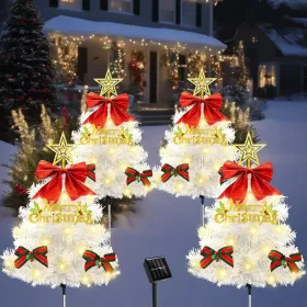 4 Pack Christmas Tree Solar Pathway Lights Outdoor Decorations, Waterproof Artificial Mini Xmas Tree Stake Lights With DIY Ornamets For Garden Yard Po (Option: WhiteTree)